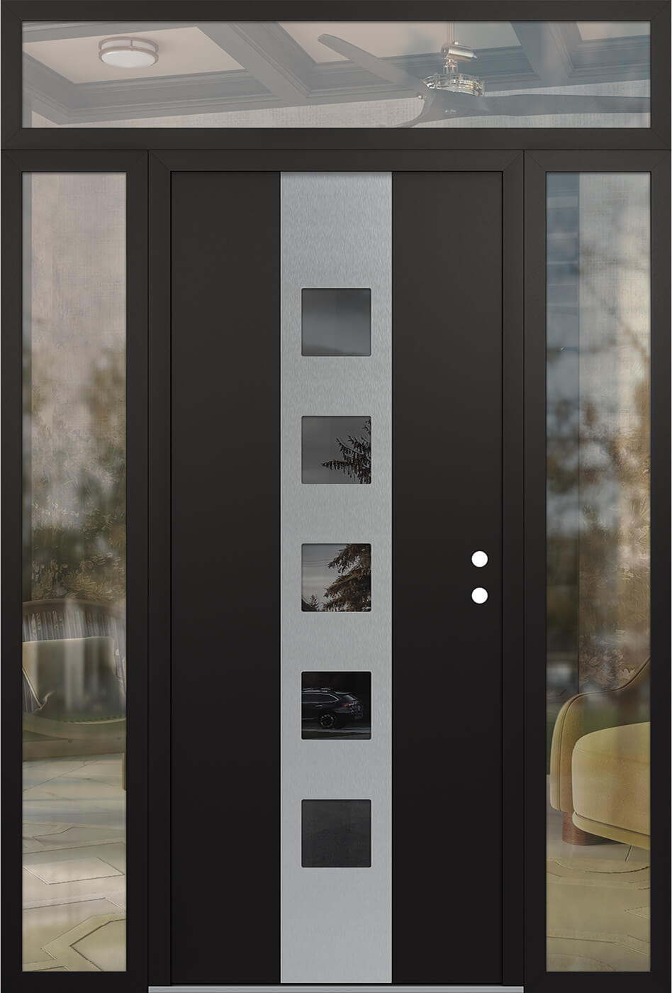 Modern Steel Front Door DIAMOND A13 68" X 96" BLACK/BLACK MIRRORED GLASS PANEL STAINLESS STEEL LHI WITH 2 SIDELITES AND TRANSOM CLEAR GLASS