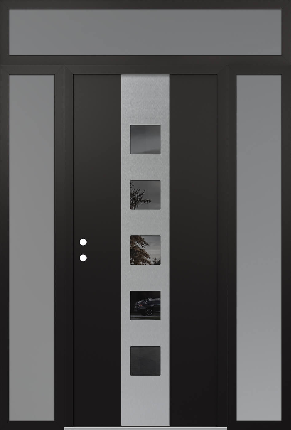 Modern Steel Front Door DIAMOND A13 68" X 96" BLACK/BLACK MIRRORED GLASS PANEL STAINLESS STEEL RHI WITH 2 SIDELITES AND TRANSOM FROSTED GLASS