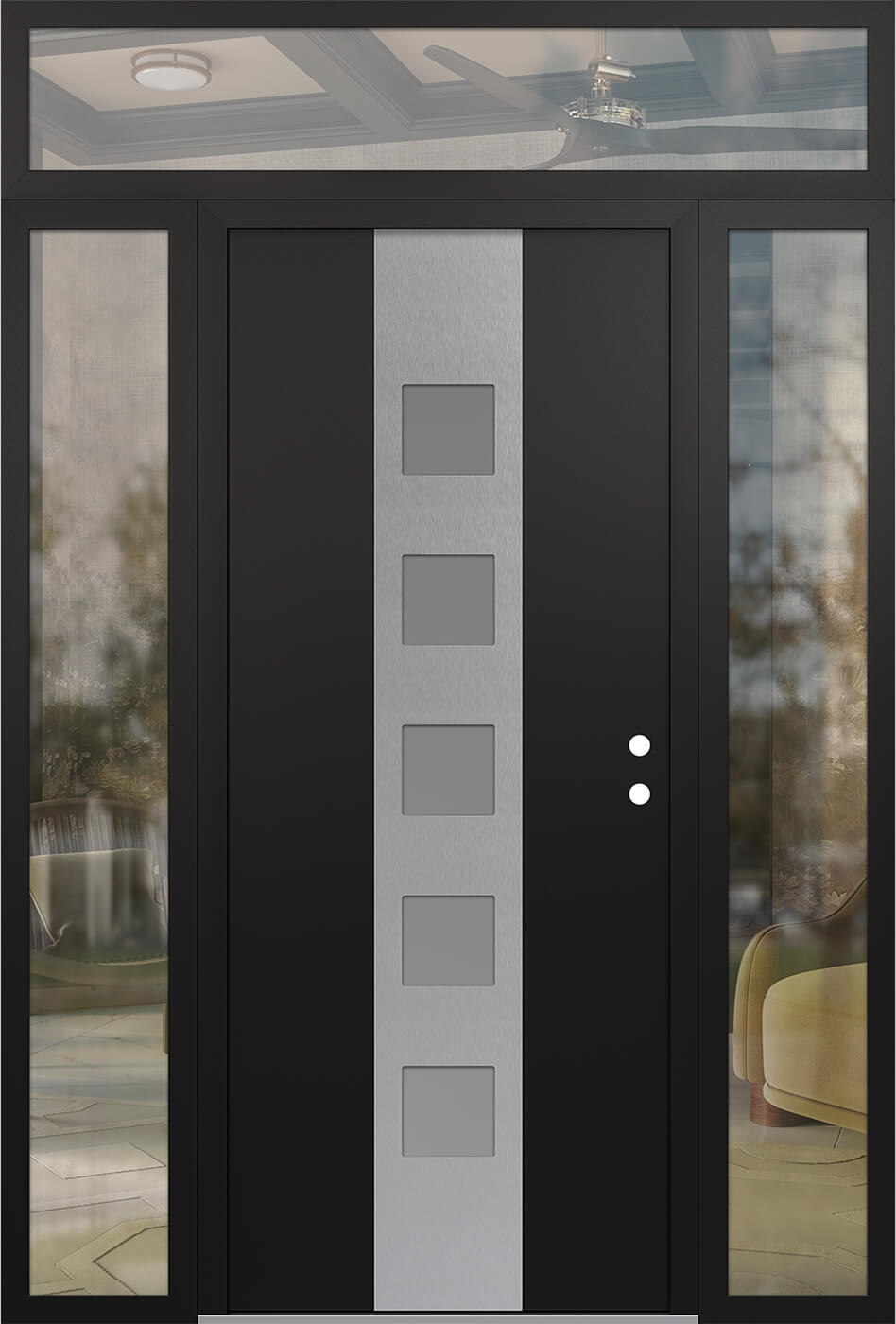 Modern Steel Front Door DIAMOND A13 68" X 96" BLACK/WHITE FROSTED GLASS PANEL STAINLESS STEEL LHI WITH 2 SIDELITES AND TRANSOM CLEAR GLASS
