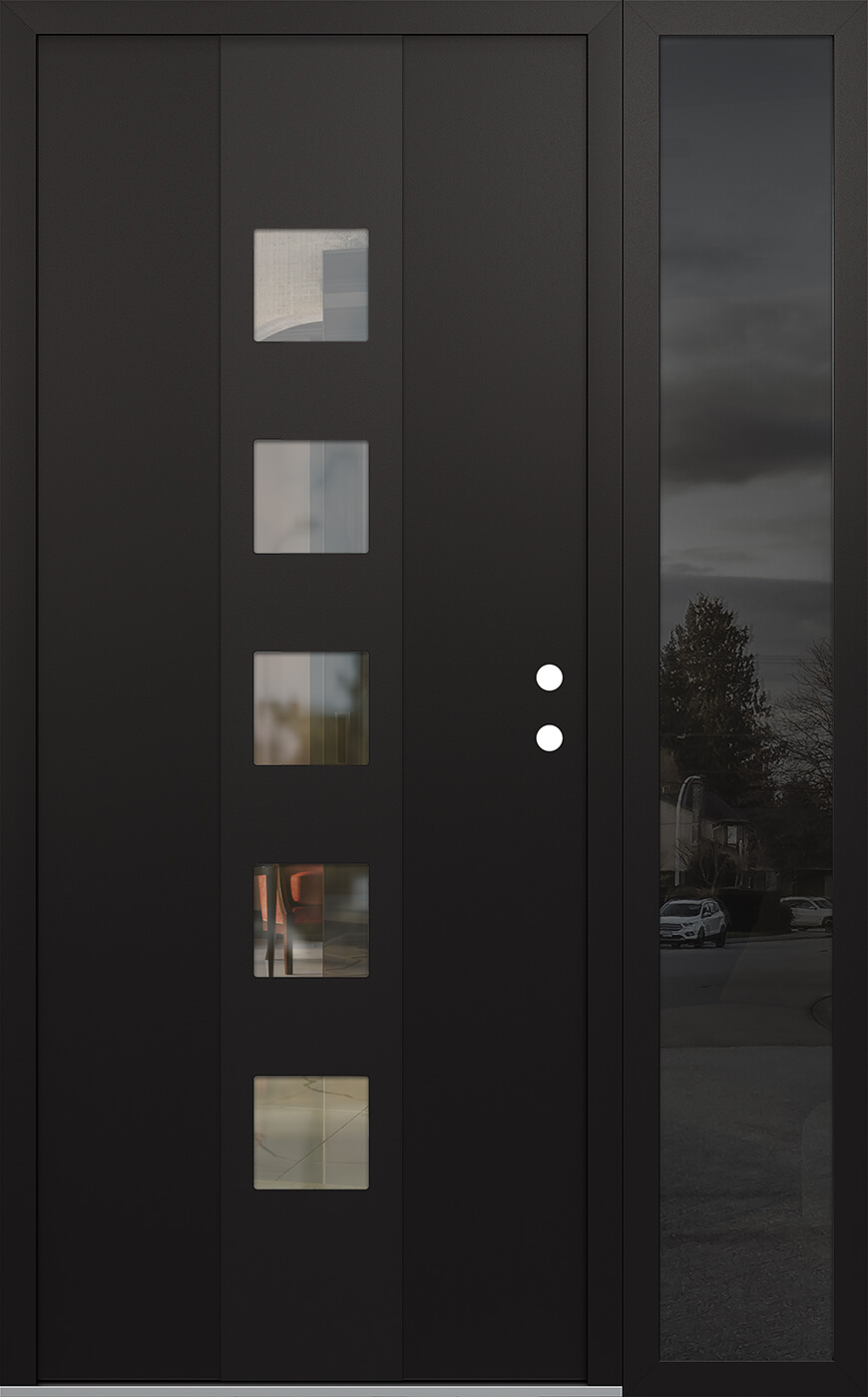 Modern Steel Front Door DIAMOND A13 48" X 80" BLACK/BLACK CLEAR GLASS PANEL BLACK LHI WITH SIDELITE MIRRORED GLASS