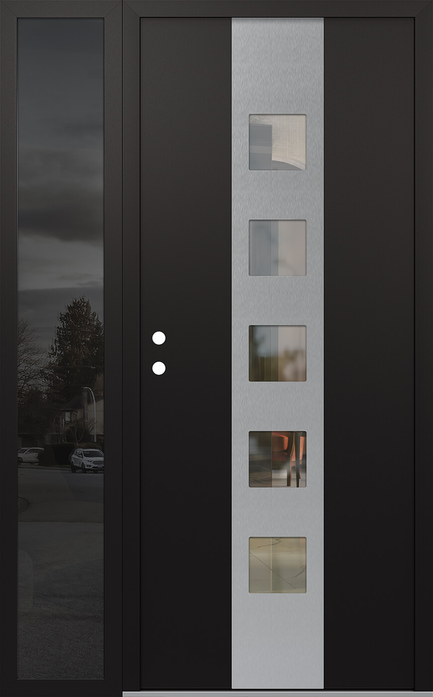 Modern Steel Front Door DIAMOND A13 50" X 80" BLACK/BLACK CLEAR GLASS PANEL STAINLESS STEEL RHI WITH SIDELITE MIRRORED GLASS
