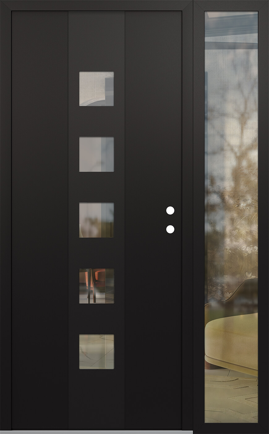 Modern Steel Front Door DIAMOND A13 52" X 80" BLACK/BLACK CLEAR GLASS PANEL BLACK LHI WITH SIDELITE CLEAR GLASS