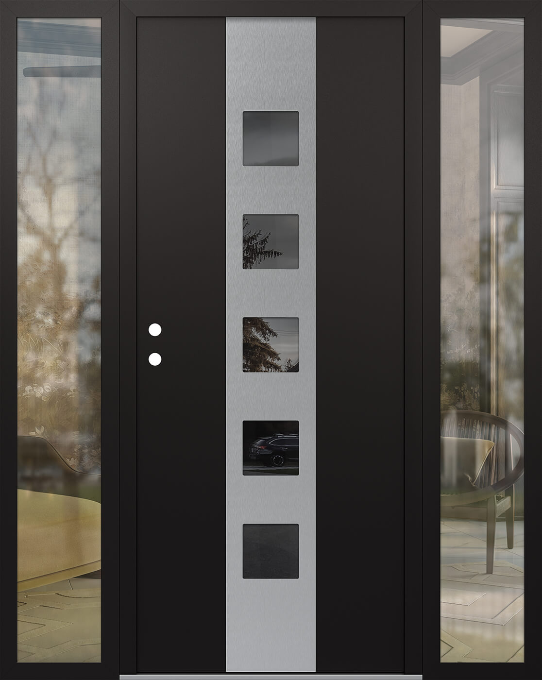 MODERN STEEL FRONT DOOR DIAMOND A13 60" X 80" BLACK/BLACK MIRRORED GLASS PANEL STAINLESS STEEL RHI WITH 2 SIDELITES FROSTED GLASS
