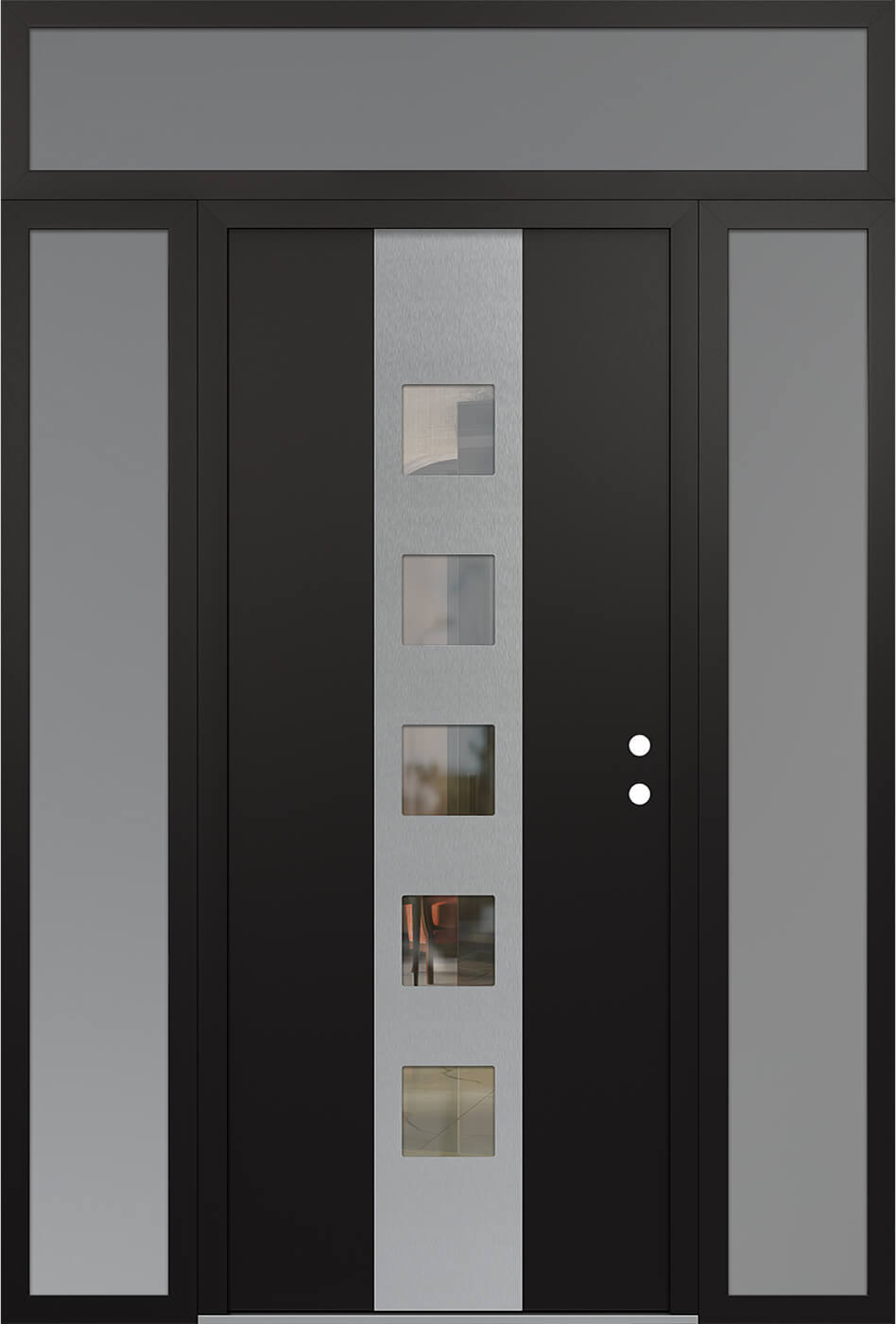 Modern Steel Front Door DIAMOND A13 68" X 96" BLACK/BLACK CLEAR GLASS PANEL STAINLESS STEEL LHI WITH 2 SIDELITES AND TRANSOM MIRRORED GLASS