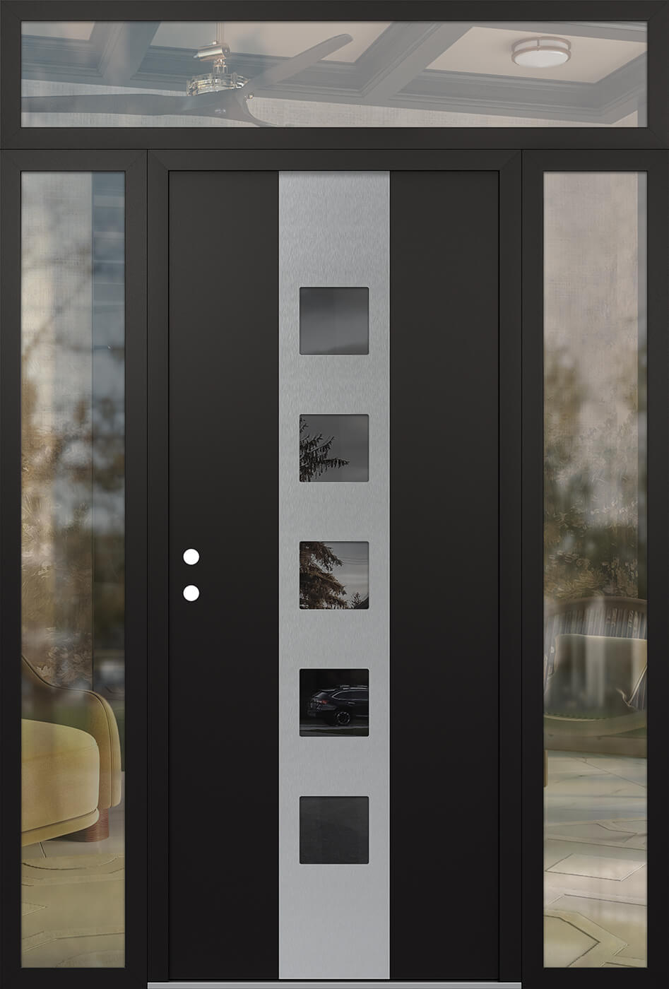 MODERN STEEL FRONT DOOR DIAMOND A13 68" X 96" BLACK/BLACK MIRRORED GLASS PANEL STAINLESS STEEL RHI WITH 2 SIDELITES AND TRANSOM MIRRORED GLASS