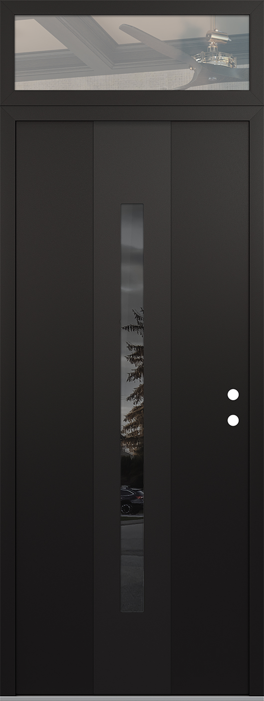 Modern Steel Front Door DIAMOND A2 36" X 96" BLACK/BLACK MIRRORED GLASS PANEL BLACK LHI WITH TRANSOM CLEAR GLASS