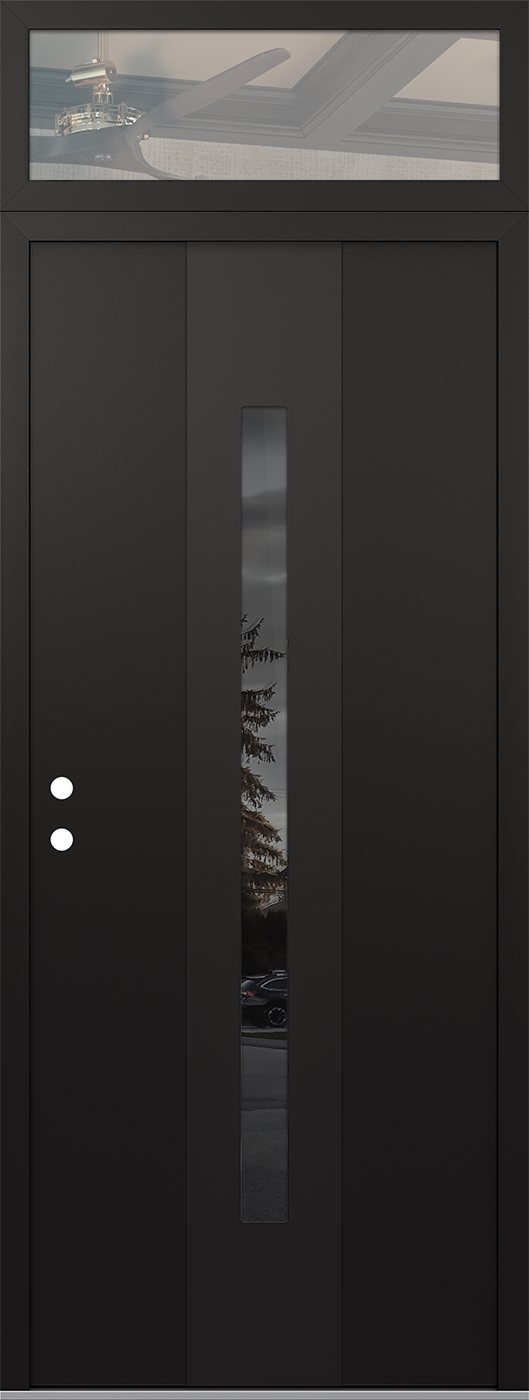Modern Steel Front Door DIAMOND A2 36" X 96" BLACK/BLACK MIRRORED GLASS PANEL BLACK RHI WITH TRANSOM CLEAR GLASS