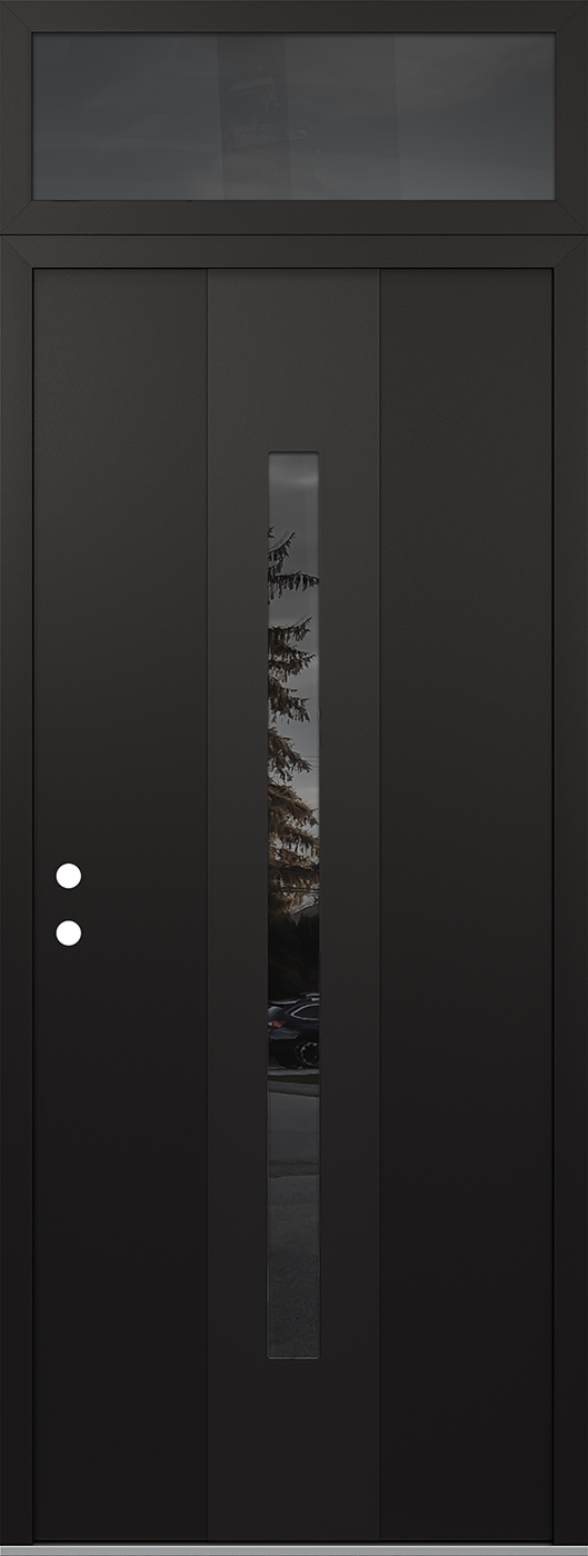 Modern Steel Front Door DIAMOND A2 36" X 96" BLACK/BLACK MIRRORED GLASS PANEL BLACK RHI WITH TRANSOM MIRRORED GLASS