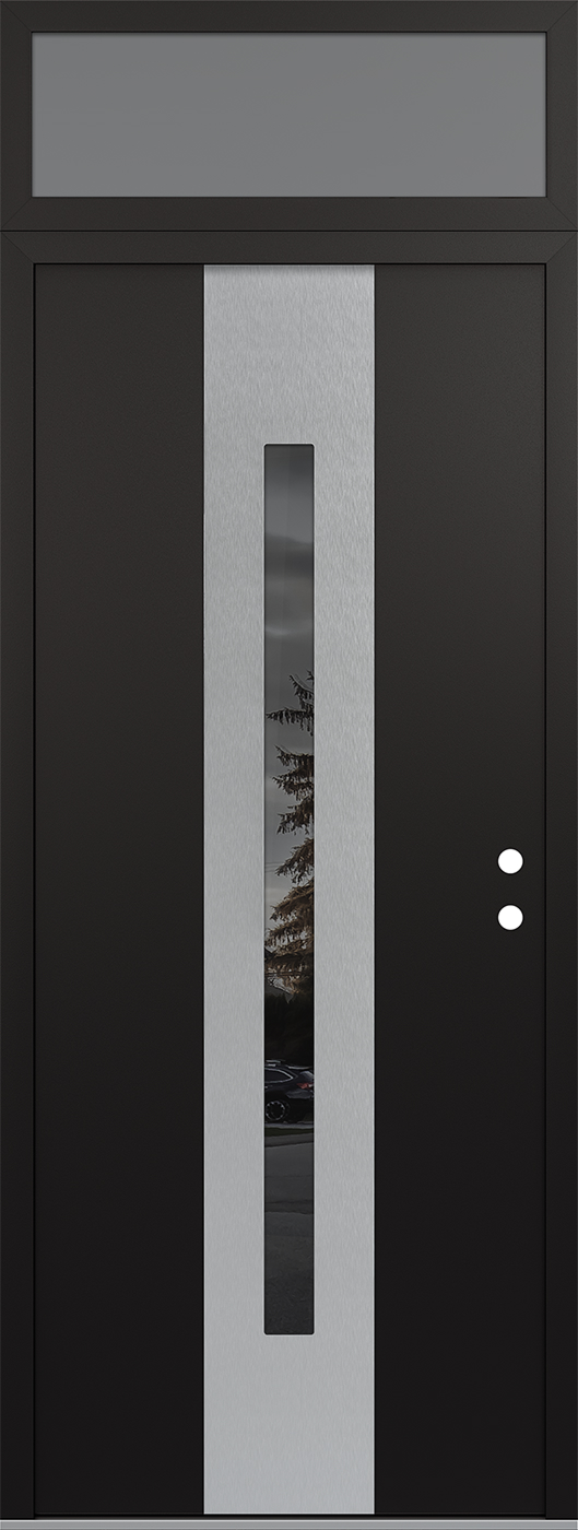 Modern Steel Front Door DIAMOND A2 36" X 96" BLACK/BLACK MIRRORED GLASS PANEL STAINLESS STEEL LHI WITH TRANSOM FROSTED GLASS