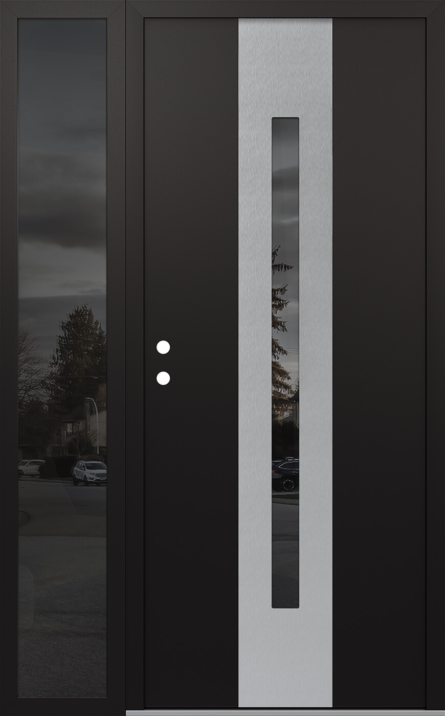 Modern Steel Front Door DIAMOND A2 48" X 80" BLACK/BLACK MIRRORED GLASS PANEL STAINLESS STEEL RHI WITH SIDELITE MIRRORED GLASS