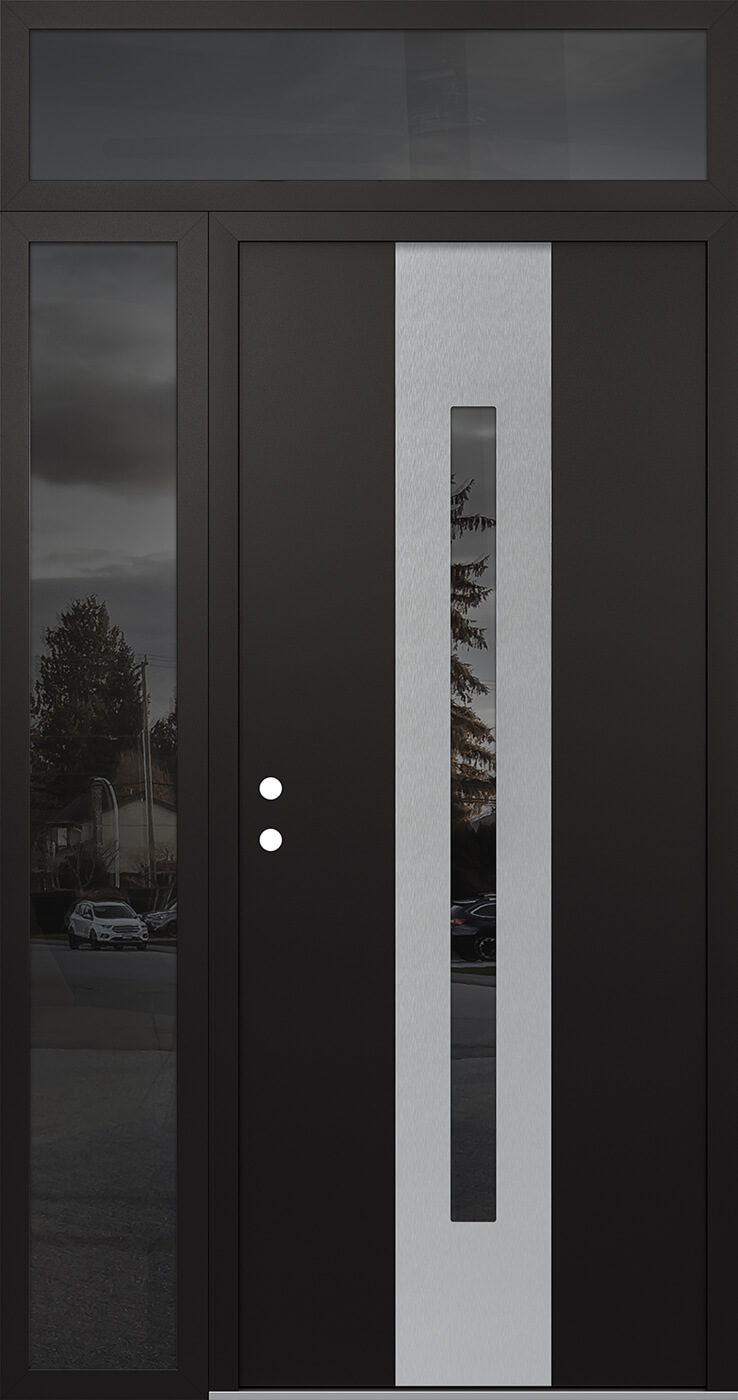 Modern Steel Front Door DIAMOND A2 48" X 96" BLACK/BLACK MIRRORED GLASS PANEL STAINLESS STEEL RHI WITH SIDELITE AND TRANSOM MIRRORED GLASS