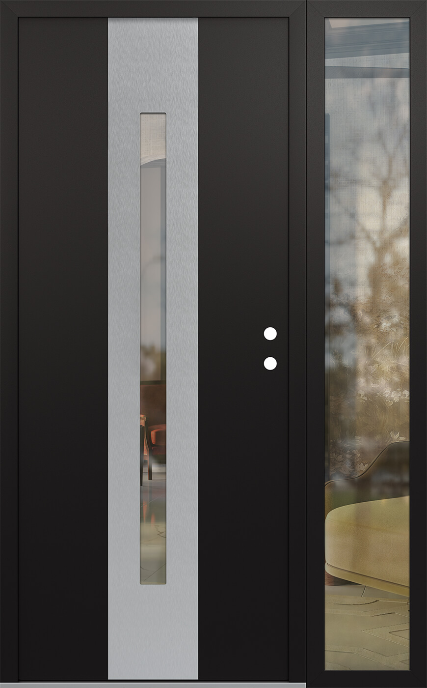 Modern Steel Front Door DIAMOND A2 50" X 80" BLACK/BLACK CLEAR GLASS PANEL STAINLESS STEEL LHI WITH SIDELITE CLEAR GLASS