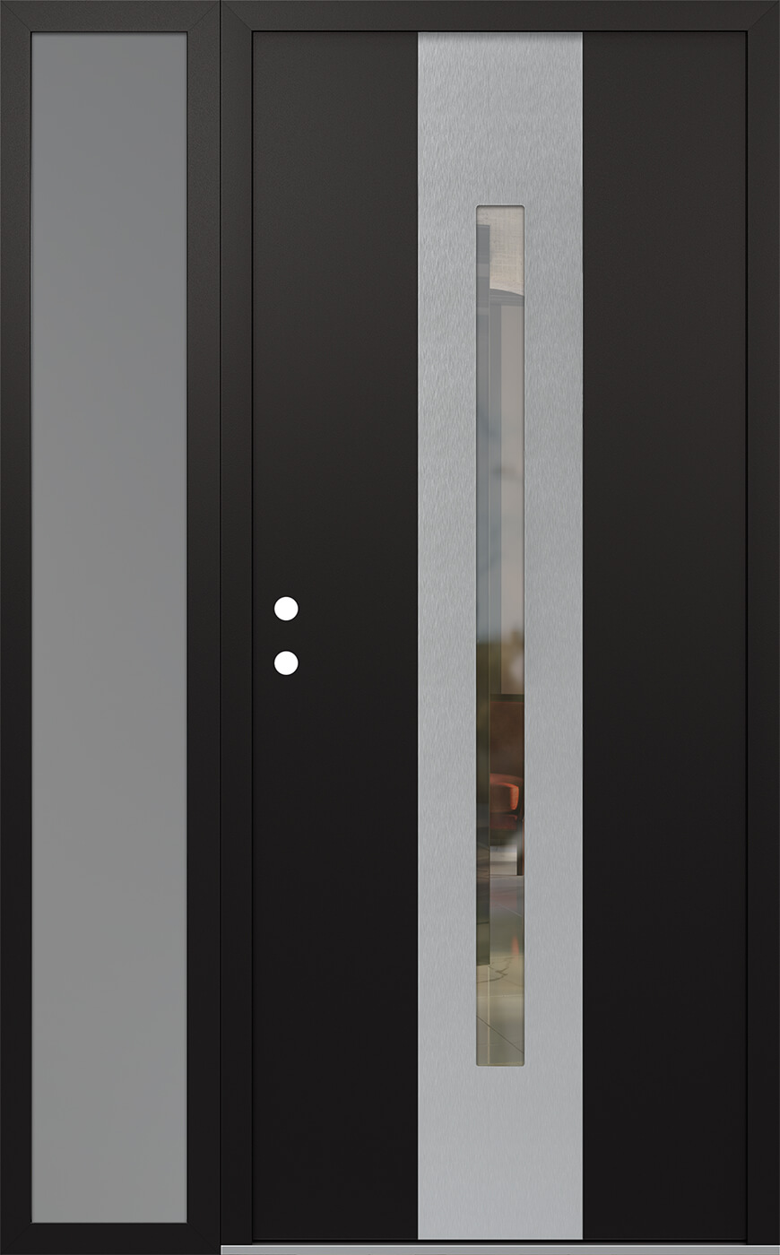 Modern Steel Front Door DIAMOND A2 50" X 80" BLACK/BLACK CLEAR GLASS PANEL STAINLESS STEEL RHI WITH SIDELITE FROSTED GLASS