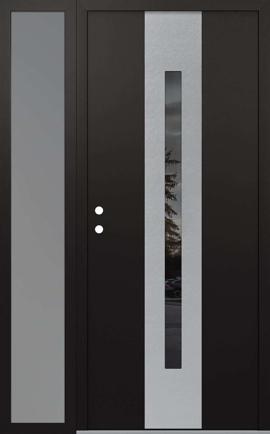 Modern Steel Front Door DIAMOND A2 50" X 80" BLACK/BLACK MIRRORED GLASS PANEL STAINLESS STEEL RHI WITH SIDELITE FROSTED GLASS