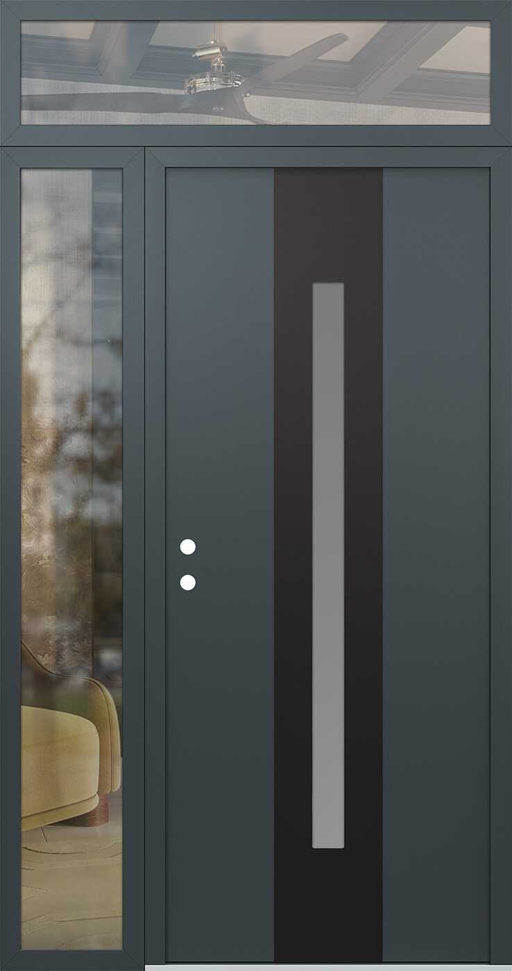 Modern Steel Front Door DIAMOND A2 50" X 96" ANTHRACITE/ANTHRACITE FROSTED GLASS PANEL BLACK RHI WITH SIDELITE AND TRANSOM CLEAR GLASS