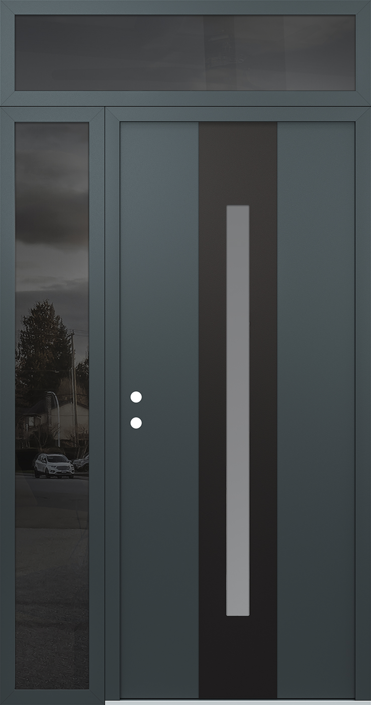 Modern Steel Front Door DIAMOND A2 50" X 96" ANTHRACITE/ANTHRACITE FROSTED GLASS PANEL BLACK RHI WITH SIDELITE AND TRANSOM MIRRORED GLASS
