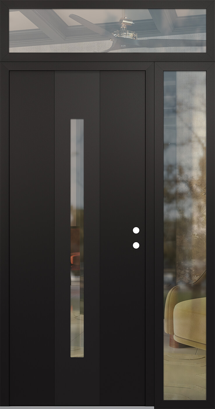 Modern Steel Front Door DIAMOND A2 50" X 96" BLACK/BLACK CLEAR GLASS PANEL BLACK LHI WITH SIDELITE AND TRANSOM CLEAR GLASS