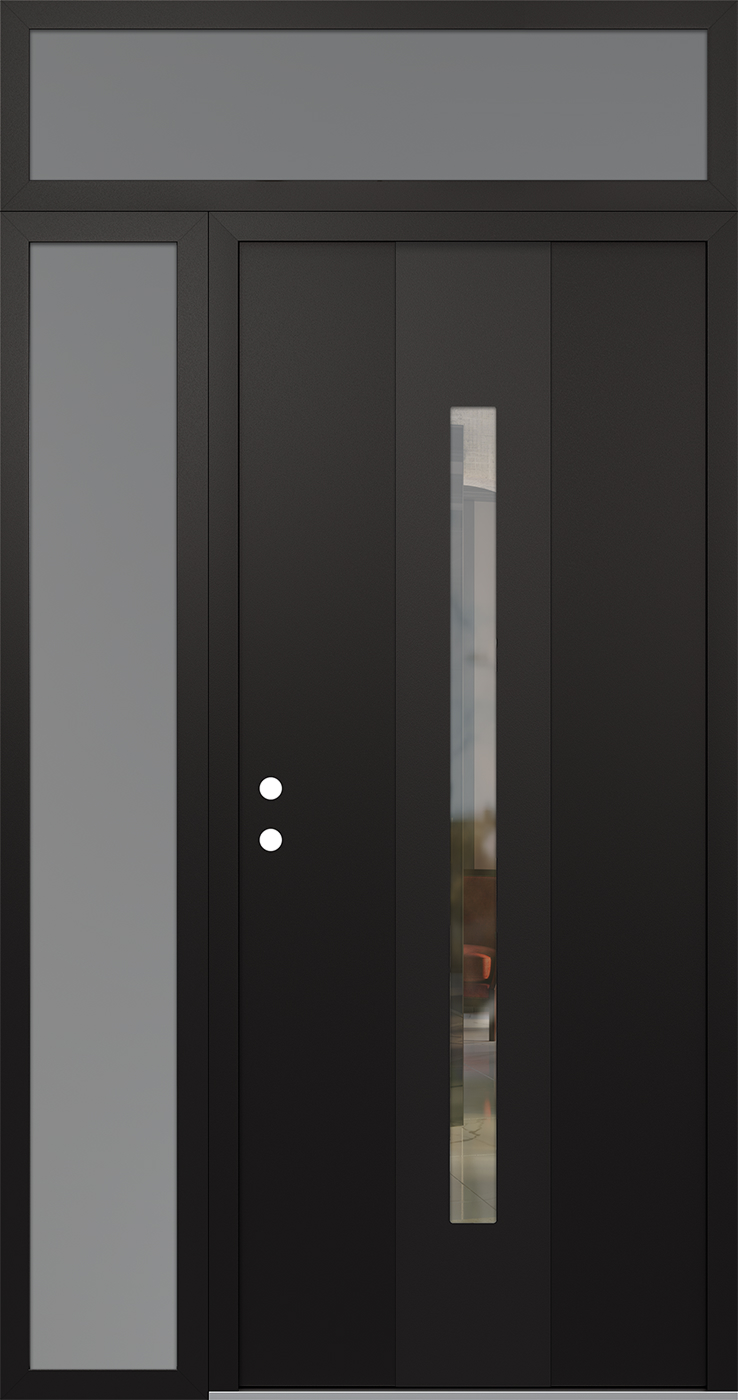 Modern Steel Front Door DIAMOND A2 50" X 96" BLACK/BLACK CLEAR GLASS PANEL BLACK RHI WITH SIDELITE AND TRANSOM FROSTED GLASS