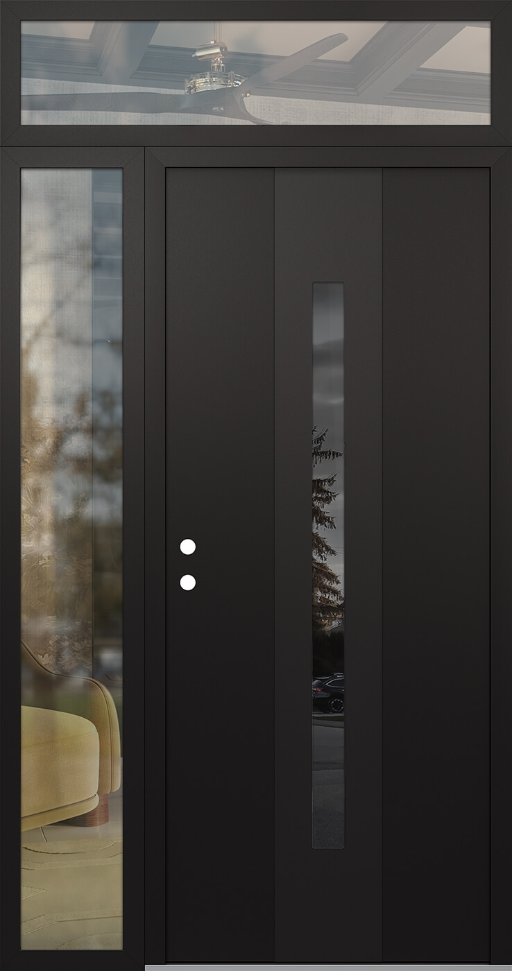 Modern Steel Front Door DIAMOND A2 50" X 96" BLACK/BLACK MIRRORED GLASS PANEL BLACK RHI WITH SIDELITE AND TRANSOM CLEAR GLASS