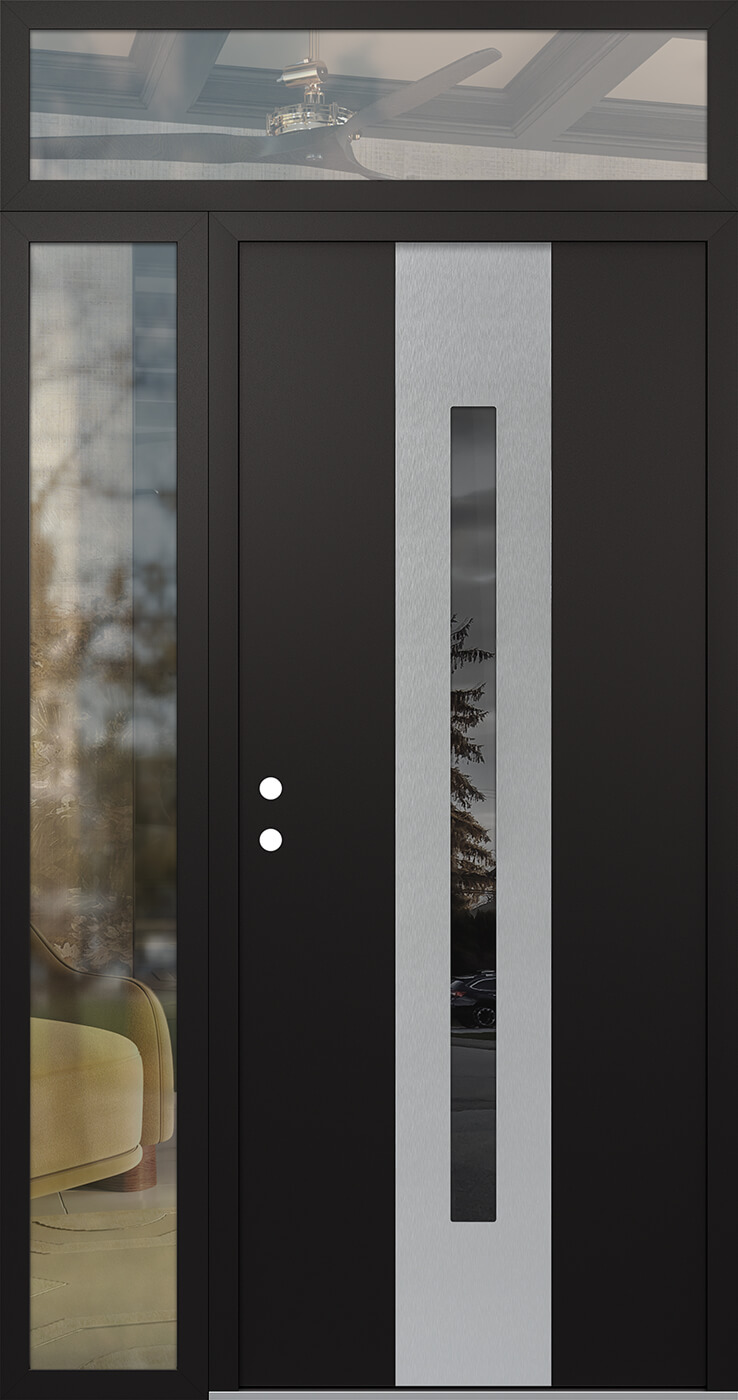 Modern Steel Front Door DIAMOND A2 50" X 96" BLACK/BLACK MIRRORED GLASS PANEL STAINLESS STEEL RHI WITH SIDELITE AND TRANSOM CLEAR GLASS