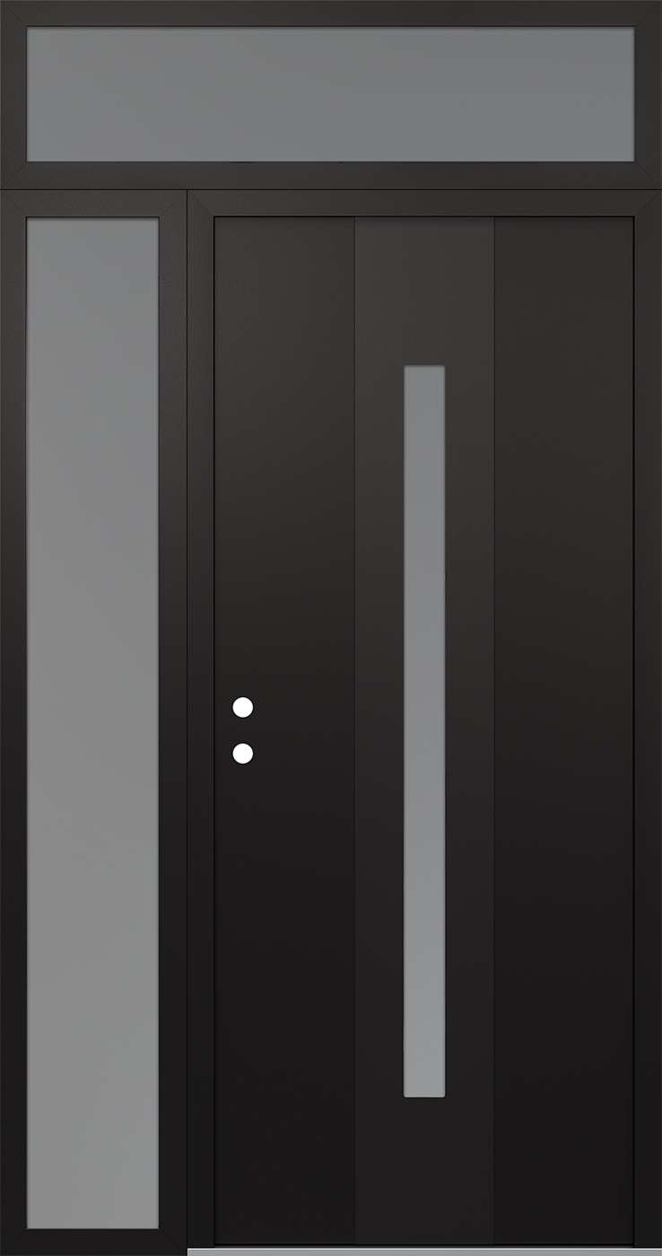 Modern Steel Front Door DIAMOND A2 50" X 96" BLACK/WHITE FROSTED GLASS PANEL BLACK RHI WITH SIDELITE AND TRANSOM FROSTED GLASS