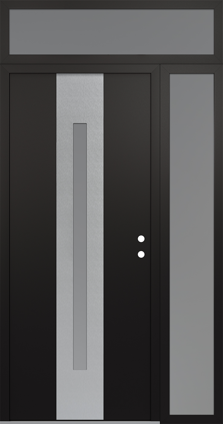 Modern Steel Front Door DIAMOND A2 50" X 96" BLACK/WHITE FROSTED GLASS PANEL STAINLESS STEEL LHI WITH SIDELITE AND TRANSOM FROSTED GLASS
