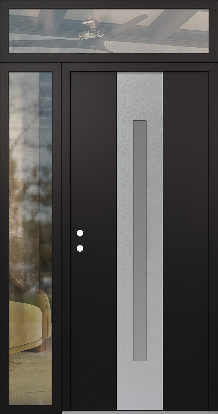 Modern Steel Front Door DIAMOND A2 50" X 96" BLACK/WHITE FROSTED GLASS PANEL STAINLESS STEEL RHI WITH SIDELITE AND TRANSOM CLEAR GLASS