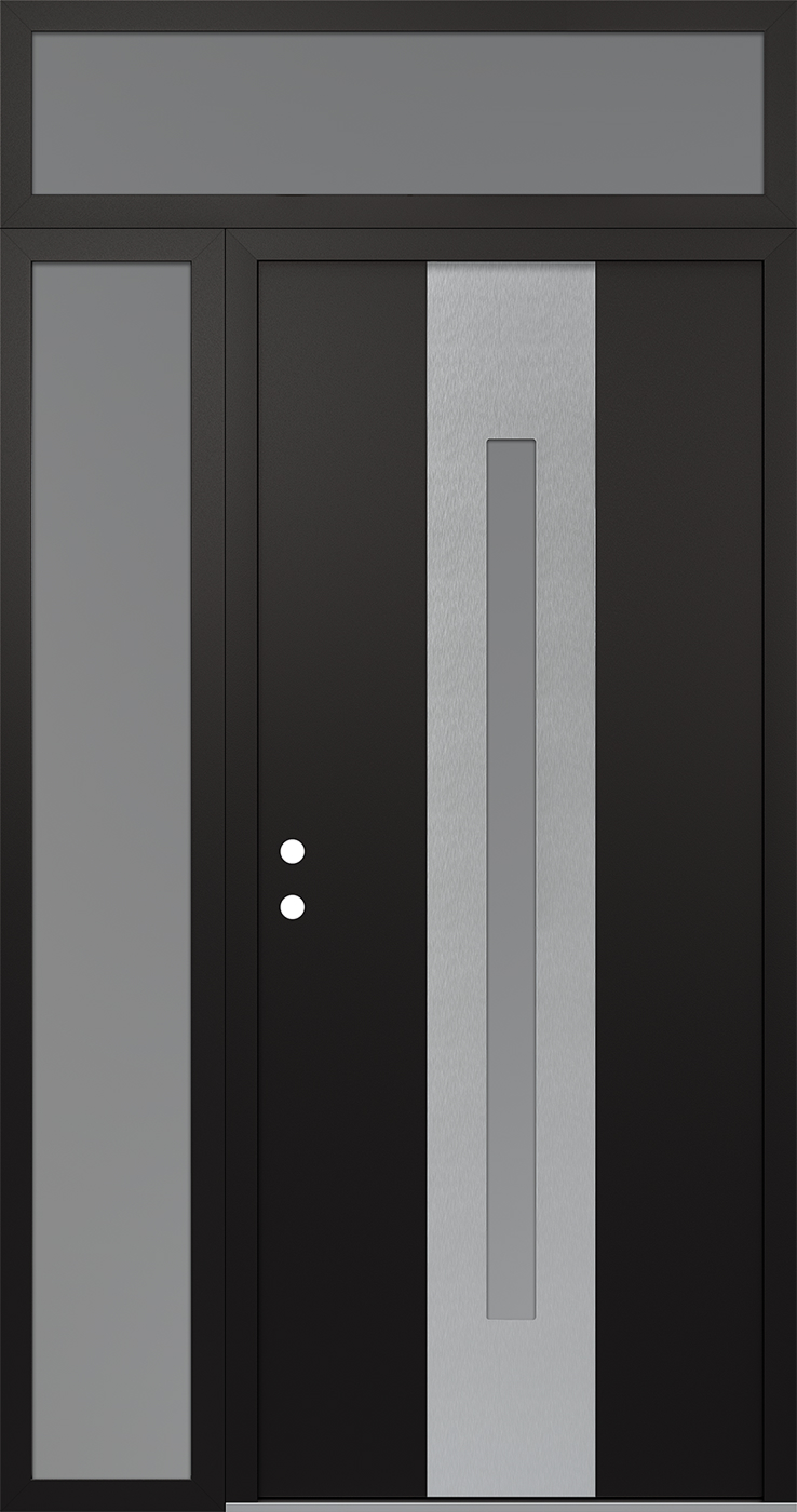 Modern Steel Front Door DIAMOND A2 50" X 96" BLACK/WHITE FROSTED GLASS PANEL STAINLESS STEEL RHI WITH SIDELITE AND TRANSOM FROSTED GLASS