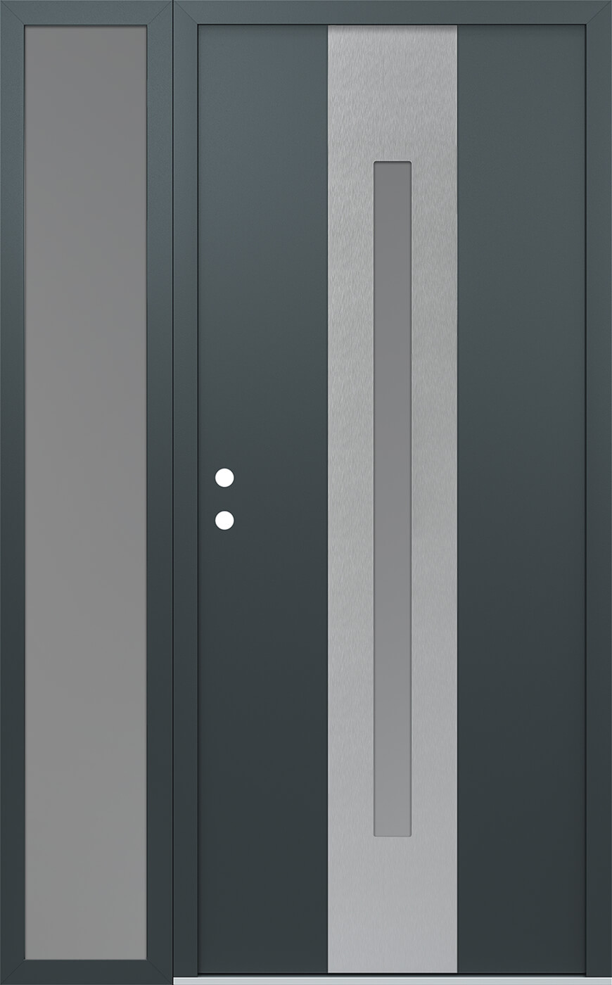 Modern Steel Front Door DIAMOND A2 52" X 80" ANTHRACITE/ANTHRACITE FROSTED GLASS PANEL STAINLESS STEEL RHI WITH SIDELITE FROSTED GLASS
