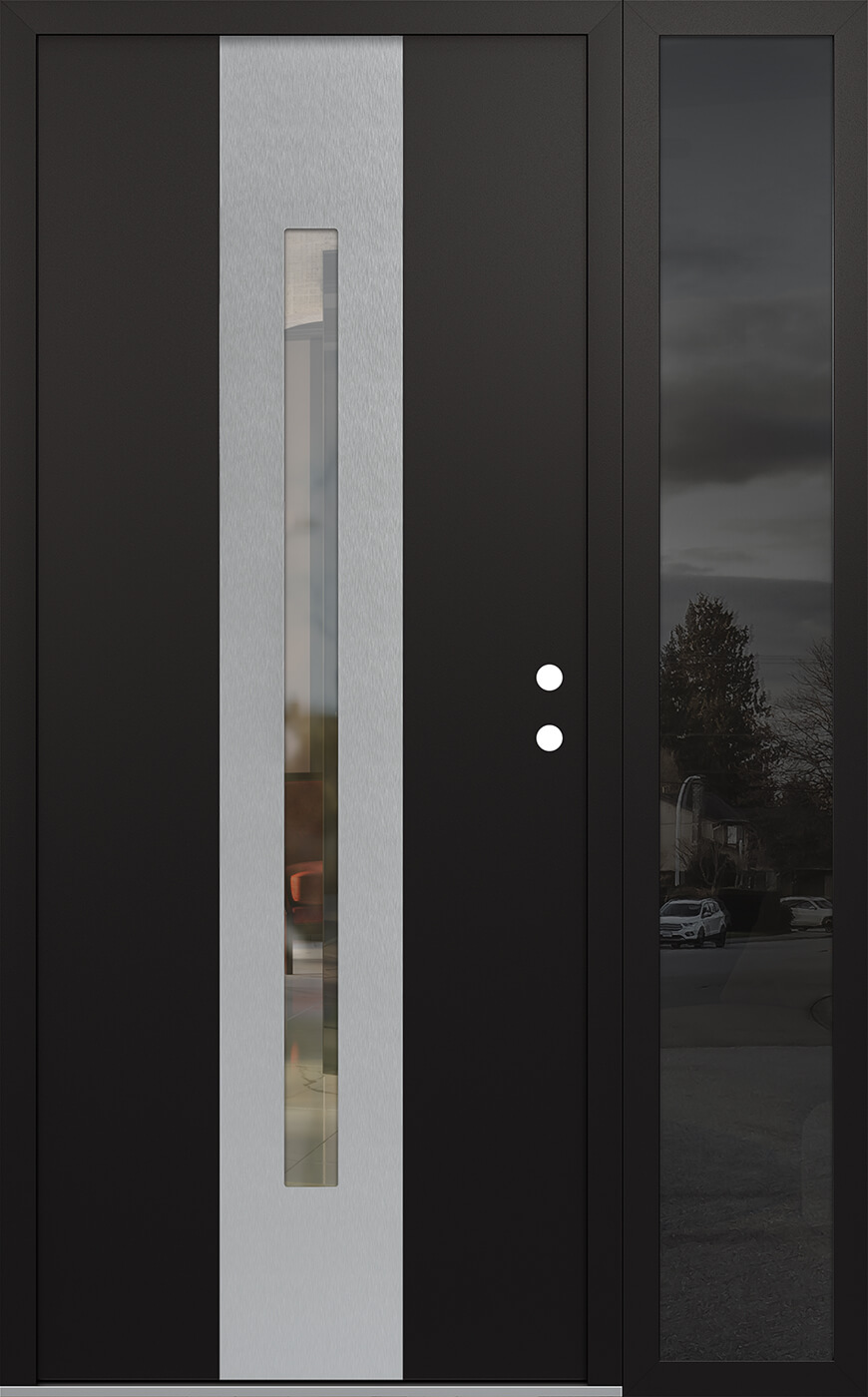 Modern Steel Front Door DIAMOND A2 52" X 80" BLACK/BLACK CLEAR GLASS PANEL STAINLESS STEEL LHI WITH SIDELITE MIRRORED GLASS
