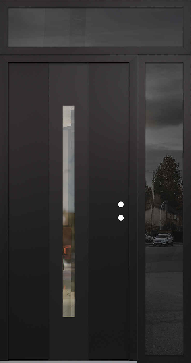 Modern Steel Front Door DIAMOND A2 52" X 96" BLACK/BLACK CLEAR GLASS PANEL BLACK LHI WITH SIDELITE AND TRANSOM MIRRORED GLASS
