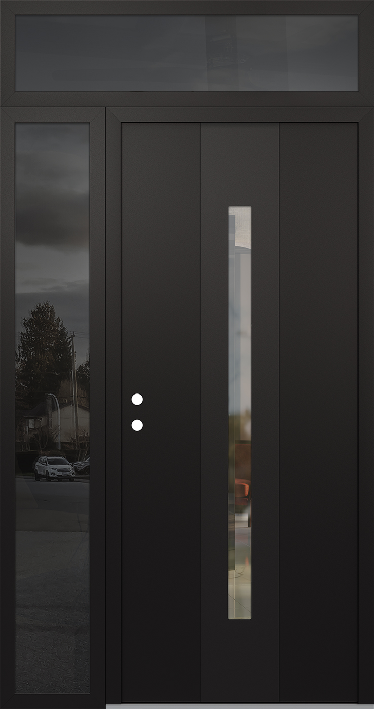Modern Steel Front Door DIAMOND A2 52" X 96" BLACK/BLACK CLEAR GLASS PANEL BLACK RHI WITH SIDELITE AND TRANSOM MIRRORED GLASS