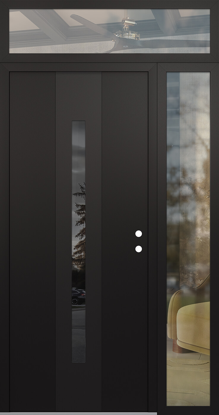 Modern Steel Front Door DIAMOND A2 52" X 96" BLACK/BLACK MIRRORED GLASS PANEL BLACK LHI WITH SIDELITE AND TRANSOM CLEAR GLASS