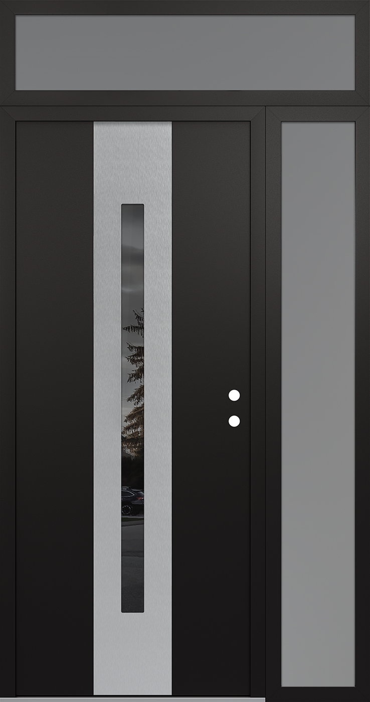 Modern Steel Front Door DIAMOND A2 52" X 96" BLACK/BLACK MIRRORED GLASS PANEL STAINLESS STEEL LHI WITH SIDELITE AND TRANSOM FROSTED GLASS