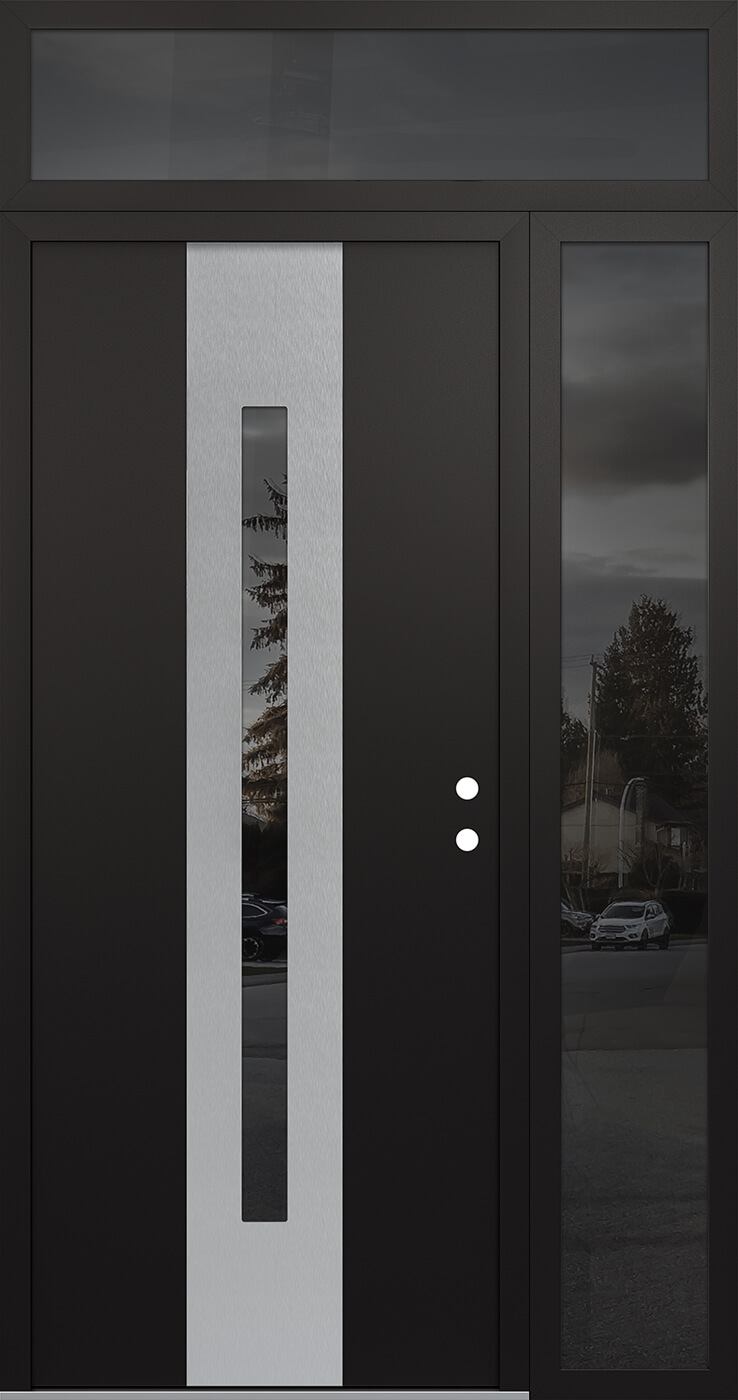 Modern Steel Front Door DIAMOND A2 52" X 96" BLACK/BLACK MIRRORED GLASS PANEL STAINLESS STEEL LHI WITH SIDELITE AND TRANSOM MIRRORED GLASS