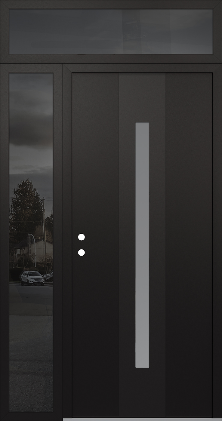 Modern Steel Front Door DIAMOND A2 52" X 96" BLACK/WHITE FROSTED GLASS PANEL BLACK RHI WITH SIDELITE AND TRANSOM MIRRORED GLASS
