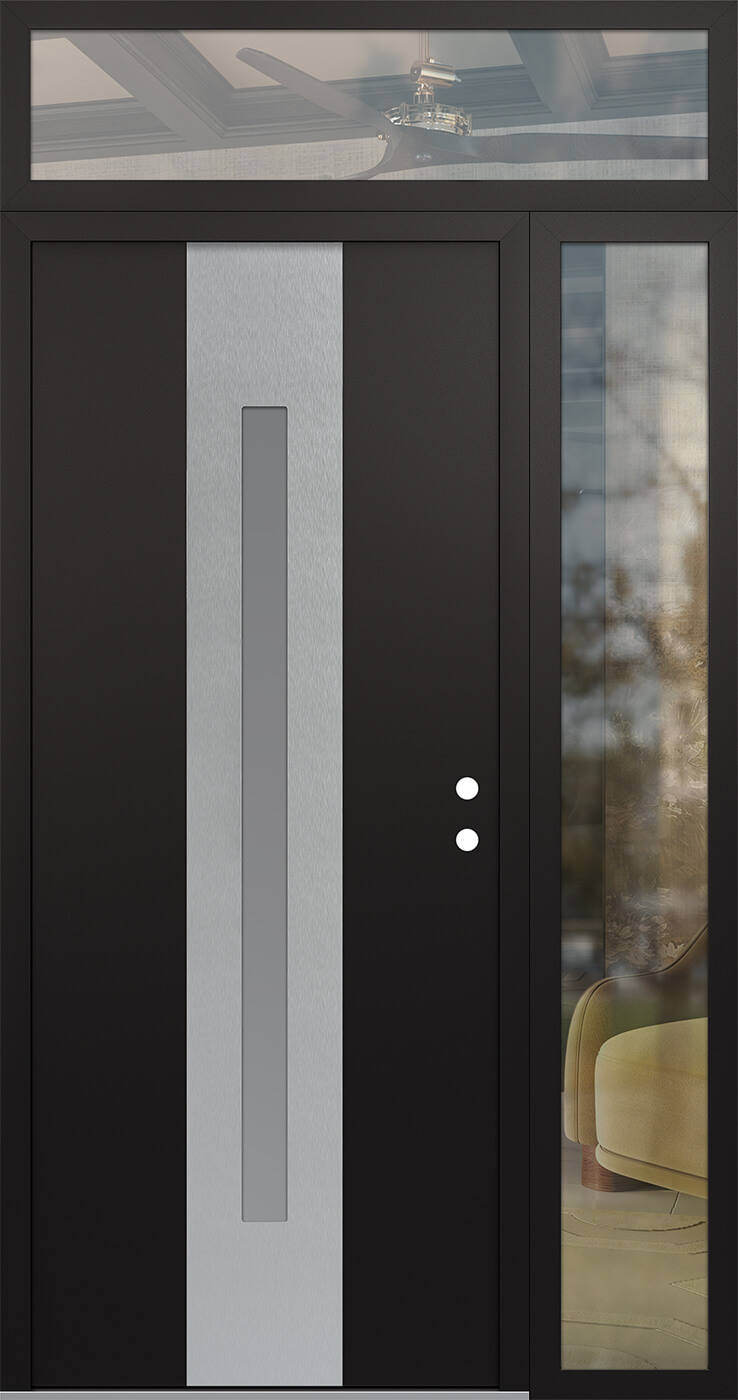 Modern Steel Front Door DIAMOND A2 52" X 96" BLACK/WHITE FROSTED GLASS PANEL STAINLESS STEEL LHI WITH SIDELITE AND TRANSOM CLEAR GLASS