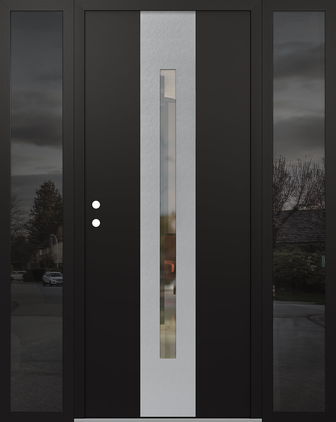 Modern Steel Front Door DIAMOND A2 60" X 80" BLACK/BLACK CLEAR GLASS PANEL STAINLESS STEEL RHI WITH 2 SIDELITES MIRRORED GLASS