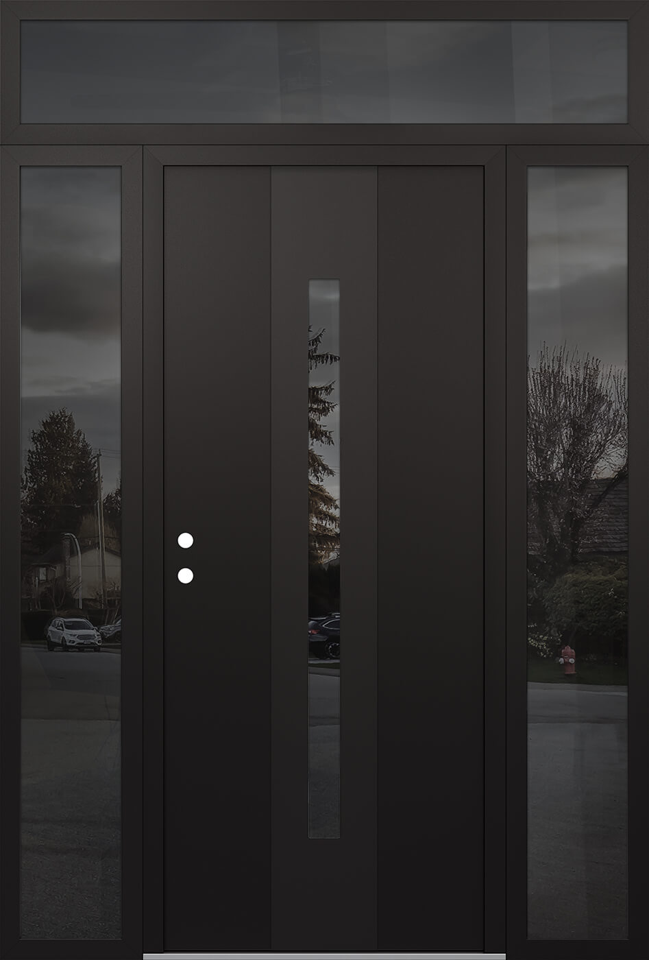 Modern Steel Front Door DIAMOND A2 60" X 96" BLACK/BLACK MIRRORED GLASS PANEL BLACK RHI WITH 2 SIDELITES AND TRANSOM MIRRORED GLASS