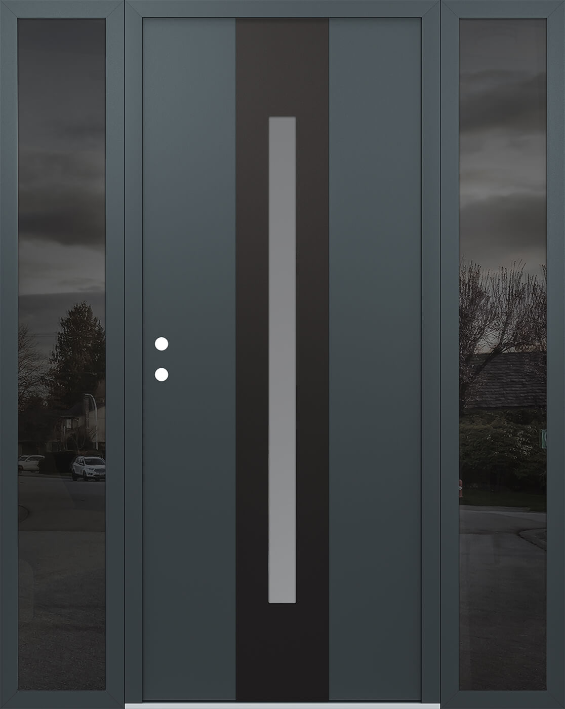 Modern Steel Front Door DIAMOND A2 64" X 80" ANTHRACITE/ANTHRACITE FROSTED GLASS PANEL BLACK RHI WITH 2 SIDELITES MIRRORED GLASS