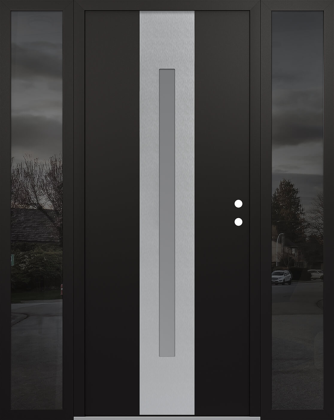 Modern Steel Front Door DIAMOND A2 64" X 80" BLACK/WHITE FROSTED GLASS PANEL STAINLESS STEEL LHI WITH 2 SIDELITES MIRRORED GLASS