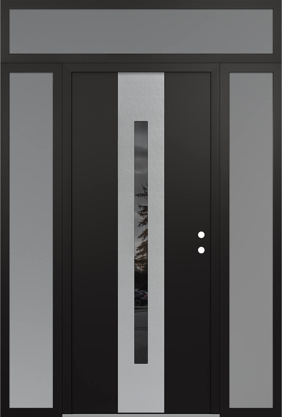Modern Steel Front Door DIAMOND A2 64" X 96" BLACK/BLACK MIRRORED GLASS PANEL STAINLESS STEEL LHI WITH 2 SIDELITES AND TRANSOM FROSTED GLASS