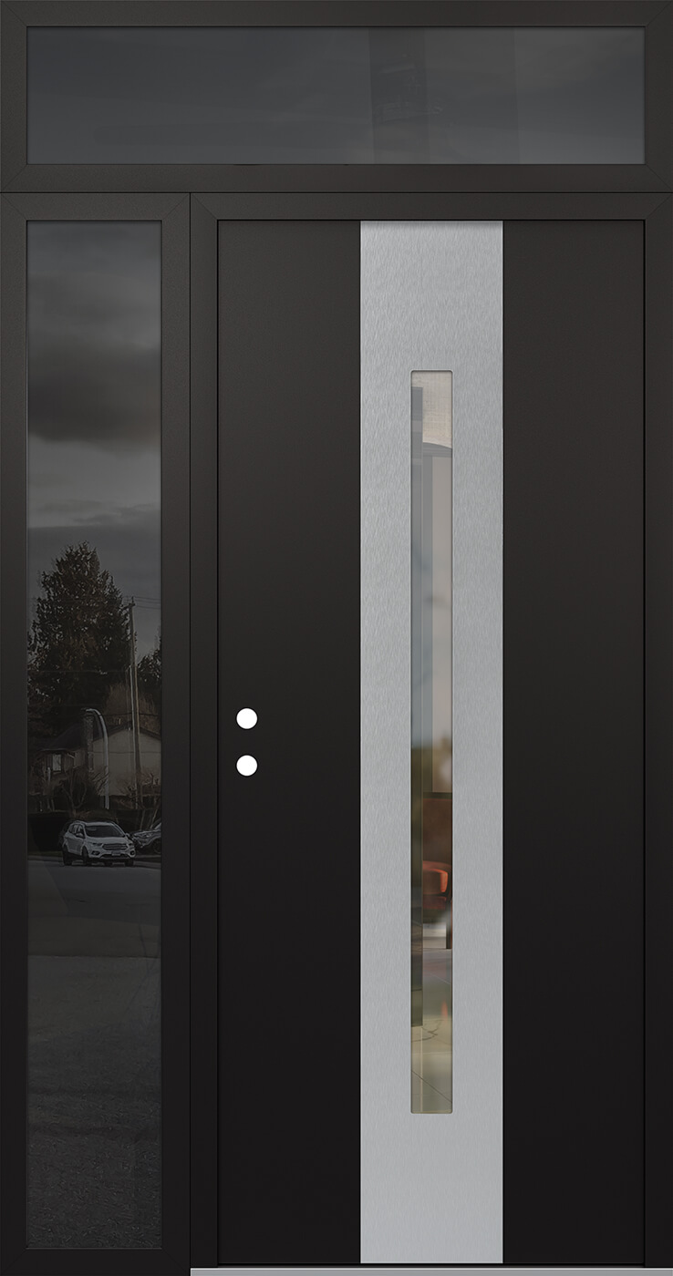 Modern Steel Front Door DIAMOND A2 48" X 96" BLACK/BLACK CLEAR GLASS PANEL STAINLESS STEEL RHI WITH SIDELITE AND TRANSOM FROSTED GLASS