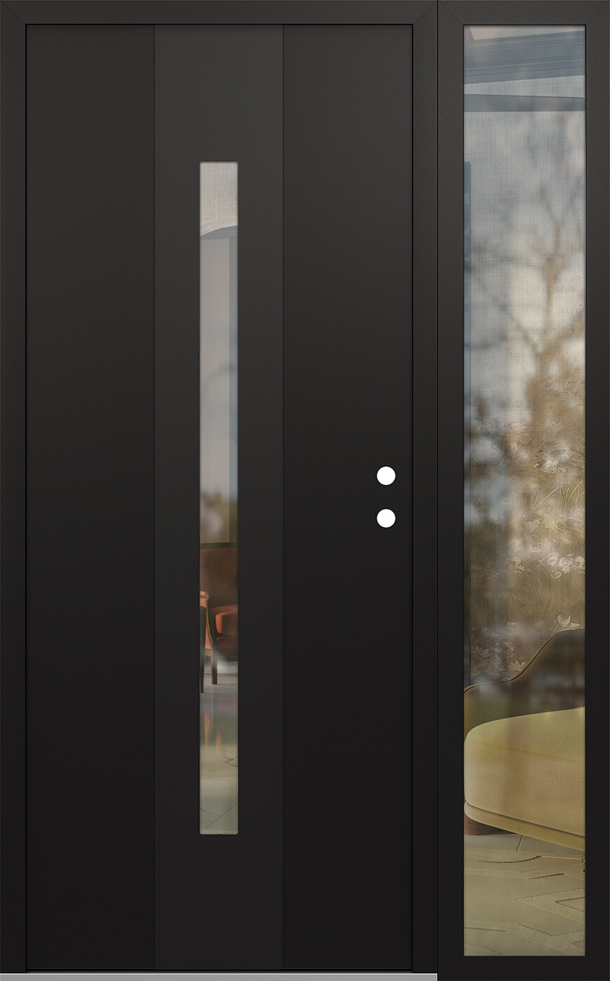 Modern Steel Front Door DIAMOND A2 50" X 80" BLACK/BLACK CLEAR GLASS PANEL BLACK LHI WITH SIDELITE CLEAR GLASS