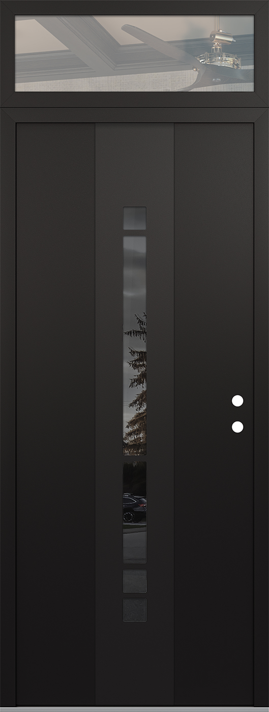 Modern Steel Front Door DIAMOND A3 36" X 96" BLACK/BLACK MIRRORED GLASS PANEL BLACK LHI WITH TRANSOM CLEAR GLASS