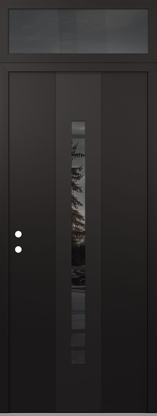 Modern Steel Front Door DIAMOND A3 36" X 96" BLACK/BLACK MIRRORED GLASS PANEL BLACK RHI WITH TRANSOM MIRRORED GLASS
