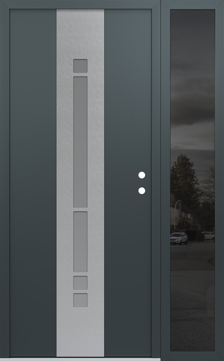 Modern Steel Front Door DIAMOND A3 48" X 80" ANTHRACITE/ANTHRACITE FROSTED GLASS PANEL STAINLESS STEEL LHI WITH SIDELITE MIRRORED GLASS