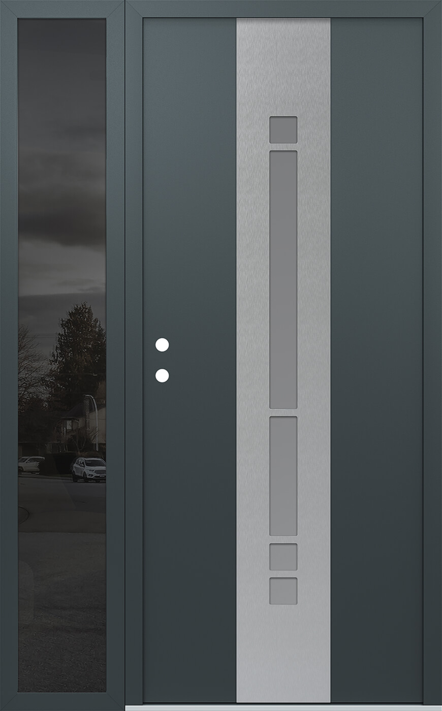 Modern Steel Front Door DIAMOND A3 48" X 80" ANTHRACITE/ANTHRACITE FROSTED GLASS PANEL STAINLESS STEEL RHI WITH SIDELITE MIRRORED GLASS