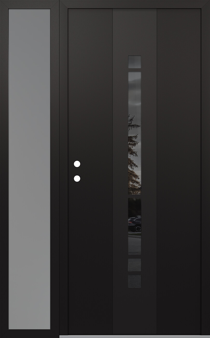 Modern Steel Front Door DIAMOND A3 48" X 80" BLACK/BLACK MIRRORED GLASS PANEL BLACK RHI WITH SIDELITE FROSTED GLASS