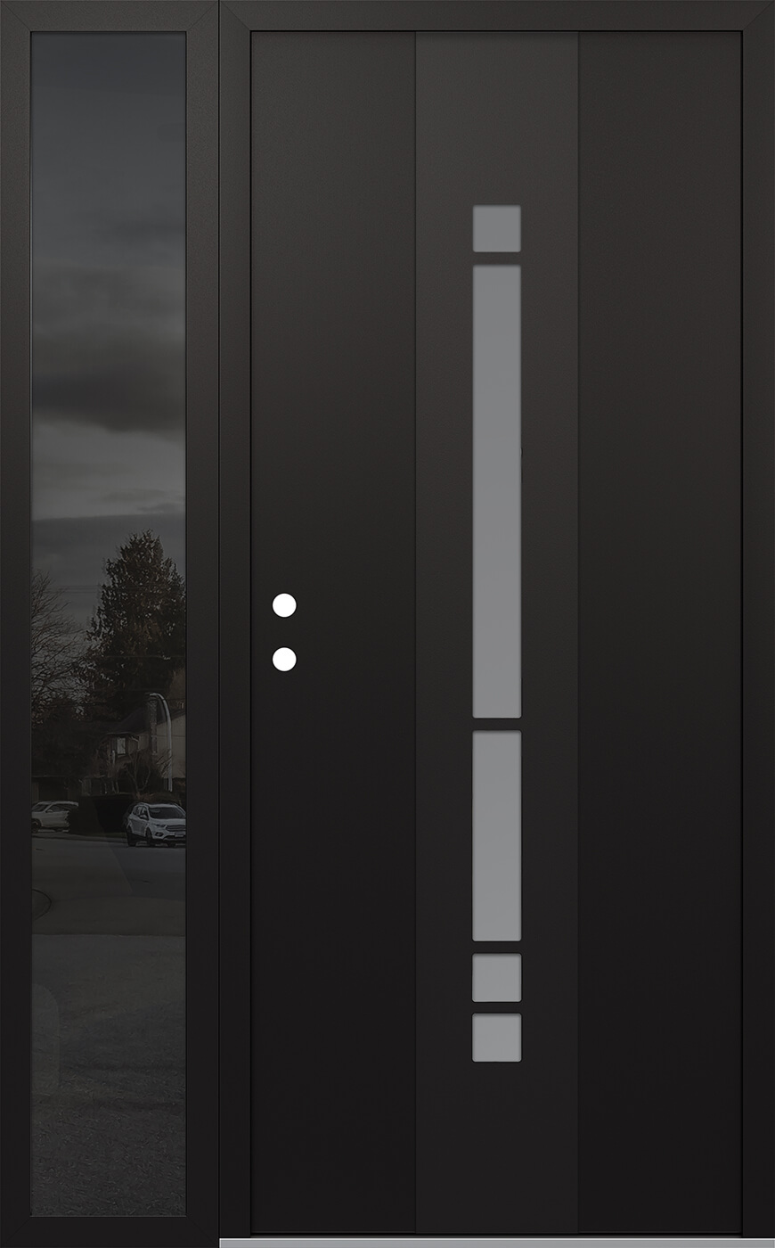 Modern Steel Front Door DIAMOND A3 48" X 80" BLACK/WHITE FROSTED GLASS PANEL BLACK RHI WITH SIDELITE MIRRORED GLASS